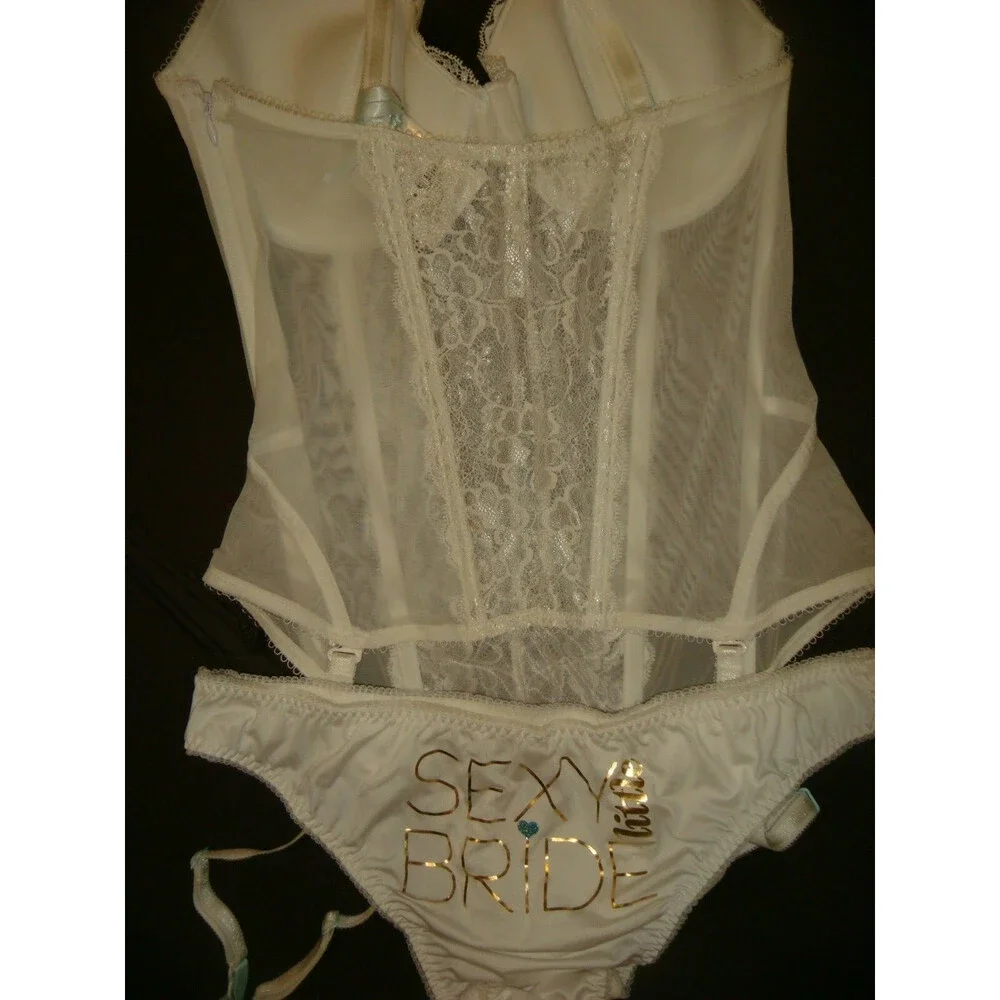 Victoria's Secret 34C,36D GARTER CORSET SLIP L panty white lace blue BRIDAL I DO